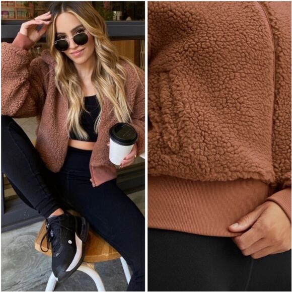 FABLETICS Rust Brown Toffee Summit Sherpa Jacket Zip Up Hoodie Sweatshirt XL Alo - Picture 9 of 9